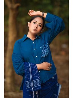 Western Era - Blue Balloon Sleeves Face Embroidery Rose Stich Button Shirt