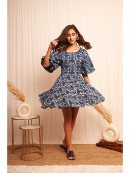 Western Era - Indigo Block Print Short Dress with Diamond Cut Back