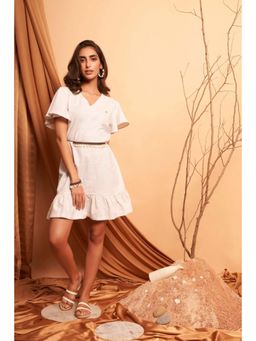 Western Era - V-Neck White Cotton Dress with Flounce Sleeves