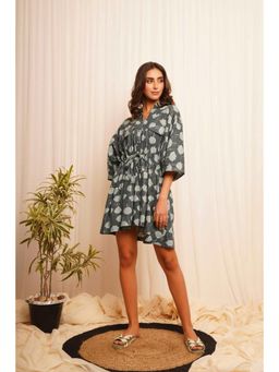 Western Era - Oversized Grey Printed Linen Dress with Drawstrings