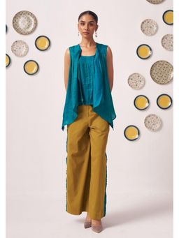 Western Era - Teal Asymmetric Top with Mustard Wide-Leg Pant