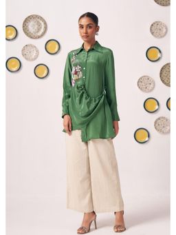 Western Era - Emerald Green Embroidered Wrap Shirt with Beige Pant