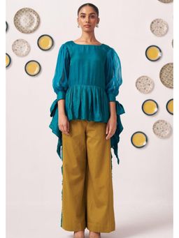 Western Era - Shimmer Teal Pleated Top with Bow Tie Sleeve and Mustard Ruffled Pant