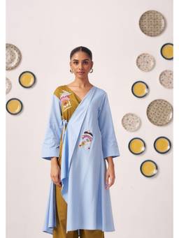 Western Era - Blue Mahira Dual-Tone Bird Embroidery Wrap Tunic