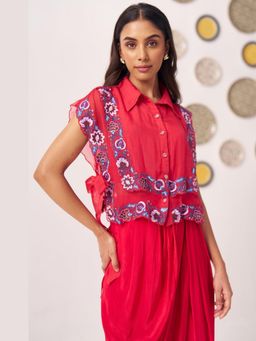 Western Era - Red Double Layered Chintz Embroidered Top with Inner Crop Top