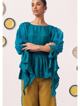 Western Era - Shimmer Teal Bow Tie Sleeve Pleated Top