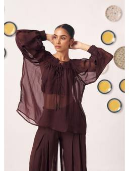 Western Era - Chocolate Brown Sheer Gathered Top