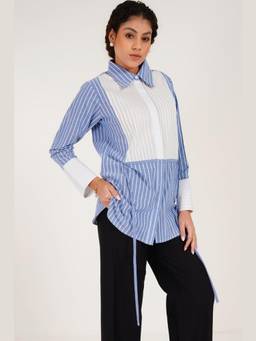 Western Era - Blue Pintuck Yoke Striped Waist Tie Shirt
