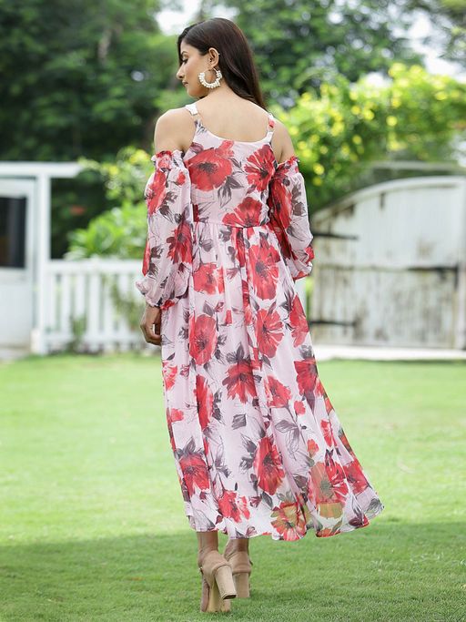 Buy Juniper Light Pink Floral Printed Chiffon Maxi Dress with Adjustable  Straps & Cold Shoulder Online