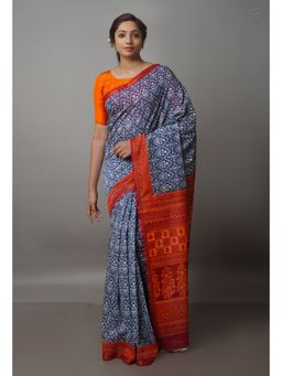 Unnati Silks - Navy Blue Floral Printed Chanderi Sico Saree with Unstitched Blouse