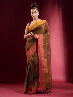 CHARUKRITI - Olive Dual Border and Zari Design Saree with Unstitched Blouse