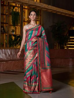 Beatitude - Pink Green Ethnic Motifs Silk Blend Saree with Unstitched Blouse