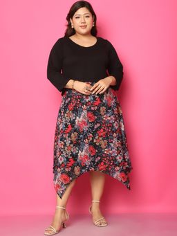theRebelinme - Plus Size Women's Black Red Rose Floral Printed Dress