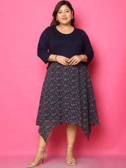 theRebelinme - Plus Size Women's Navy Blue Floral Printed Dress