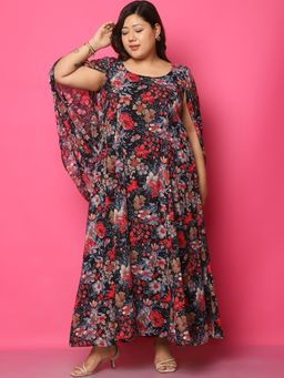 theRebelinme - Plus Size Women's Black Red Rose Floral Printed Georgette Maxi Dress
