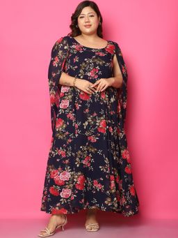 theRebelinme - Plus Size Women's Navy Red Rose Floral Printed Georgette Maxi Dress