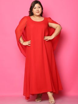 theRebelinme - Plus Size Women's Red Solid Color Georgette A-Line Maxi Dress