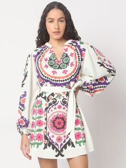 VERO MODA - Beige Floral Print Short Dress with Belt Set of 2