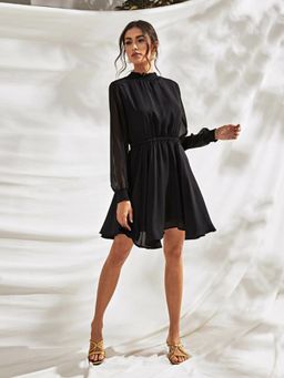 Odette - Black Georgette Solid Dress for Women