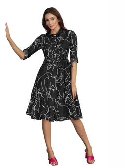 Odette - Black Cotton Graphic Dress for Women with Belt Set of 2