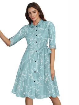 Odette - Blue Cotton Graphic Dress for Women with Belt Set of 2