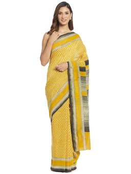 Fabindia - Mustard Hand Block Print Cotton Silk Sari