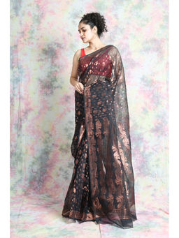 Arhi - Black Jamdani Saree With Allover Copper Zari Weaving