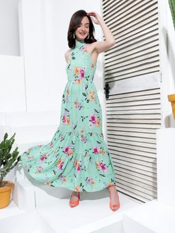 KASSUALLY - Mint Green Floral Print Halter Neck Maxi Dress