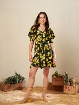 KASSUALLY - Black Small Fruit Print V-Neck Mini Length Frill Dress with Belt Detail