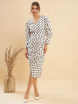 KASSUALLY - Black White V-Neck Front Ruched Midi Dress