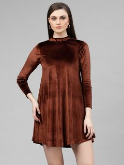 KASSUALLY - Women Brown Solid A-Line Dress