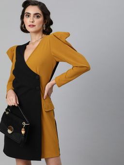 KASSUALLY - Women Black & Mustard Yellow Colour Blocked Wrap Dress