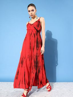 KASSUALLY - Red & Black Wrap Strappy Tie & Dye Maxi Dress