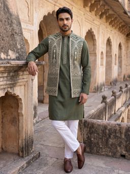 Jompers - Silk Blend Embroidered Kurta Pyjama with Nehru Jacket