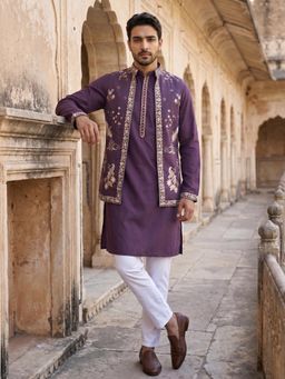 Jompers - Silk Blend Floral Embroidered Kurta and Pyjama with Nehru Jacket