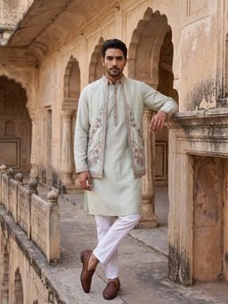 Jompers - Silk Blend Kurta Pyjama with Embroidered Nehru Jacket