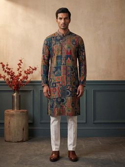 ETHNIC BAY - Mens Viscose Rayon Multi Abstract Printed Straight Kurta and Pyjama