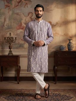 ETHNIC BAY - Mens Silk Blend Lavender Embroidered Straight Kurta and Pyjama