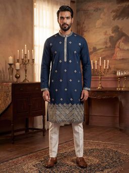 ETHNIC BAY - Mens Silk Blend Blue Embroidered Straight Kurta and Pyjama