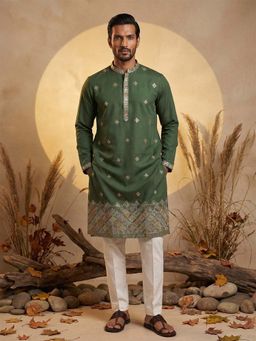 ETHNIC BAY - Mens Silk Blend Green Embroidered Straight Kurta and Pyjama