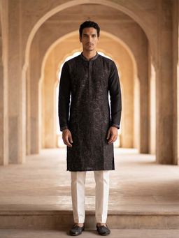 ETHNIC BAY - Mens Silk Blend Black Embroidered Straight Kurta and Pyjama