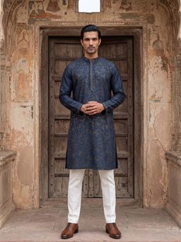 ETHNIC BAY - Mens Silk Blend Teal Embroidered Straight Kurta and Pyjama