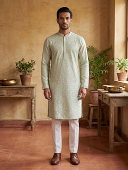 ETHNIC BAY - Mens Silk Blend Green Embroidered Straight Kurta and Pyjama