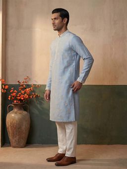 ETHNIC BAY - Mens Silk Blend Blue Embroidered Straight Kurta and Pyjama
