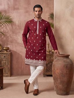 ETHNIC BAY - Mens Silk Blend Maroon Embroidered Straight Kurta and Pyjama
