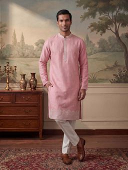 ETHNIC BAY - Mens Silk Blend Pink Embroidered Straight Kurta and Pyjama