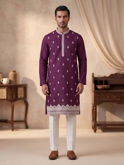 ETHNIC BAY - Mens Silk Blend Purple Embroidered Straight Kurta and Pyjama