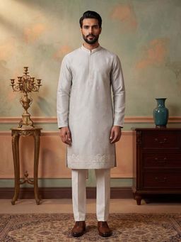ETHNIC BAY - Mens Silk Blend Grey Embroidered Straight Kurta and Pyjama