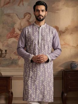 ETHNIC BAY - Mens Silk Blend Lavender Embroidered Straight Kurta