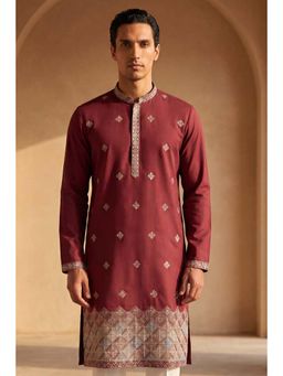 ETHNIC BAY - Mens Silk Blend Maroon Embroidered Straight Kurta